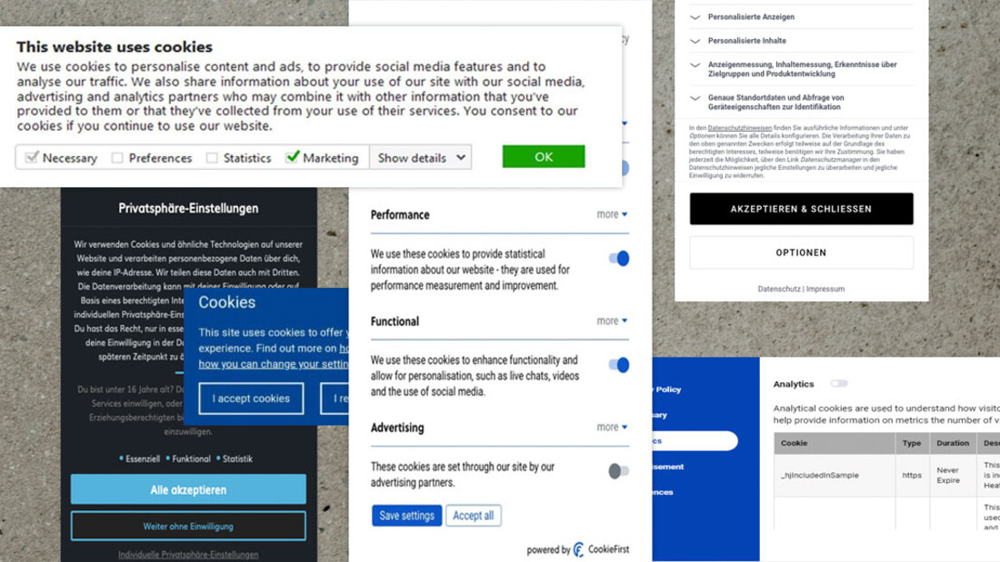 Ansicht verschiedener Cookiebanner