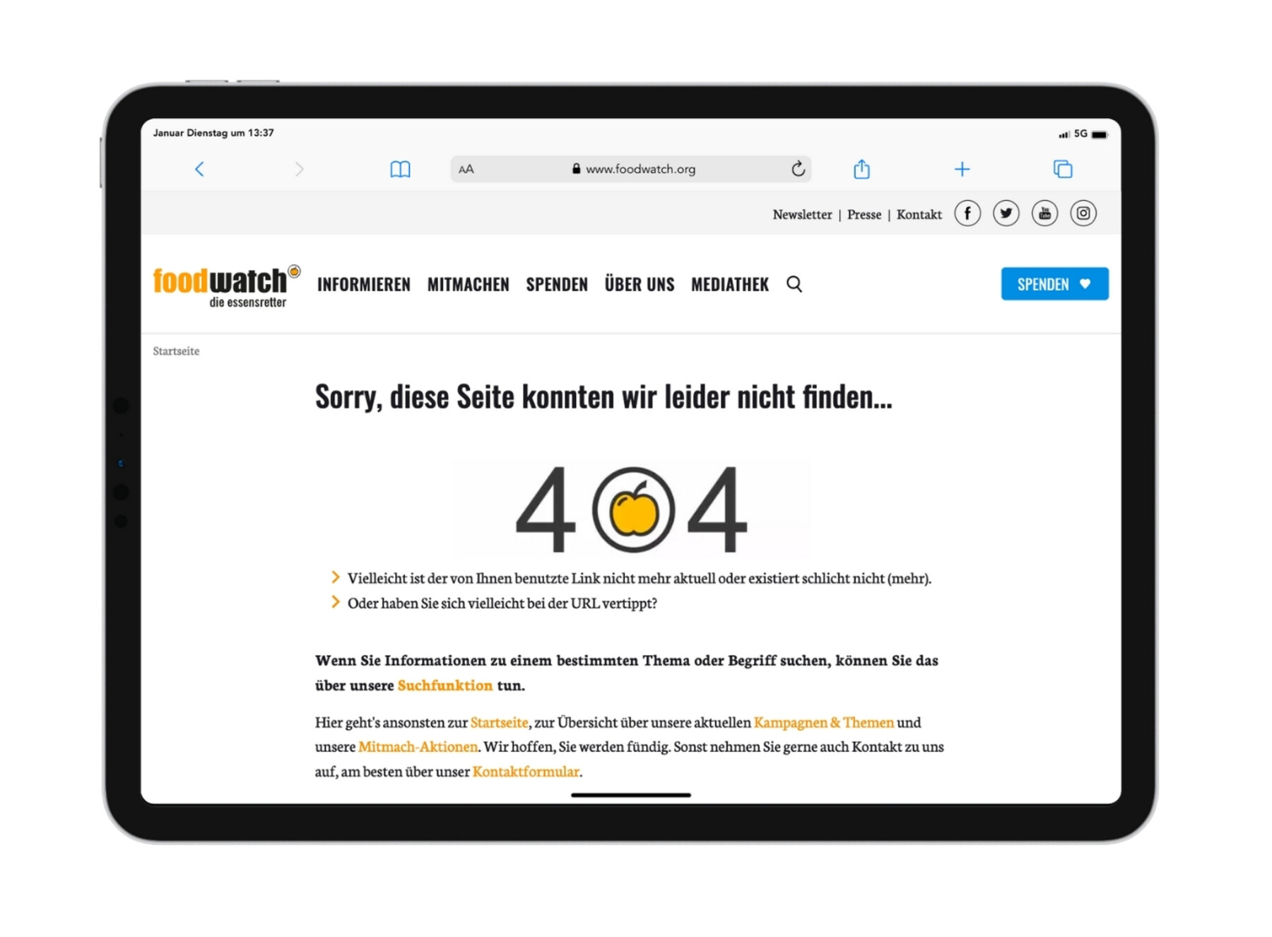 Ansicht der 404-Seite von Foodwatch.