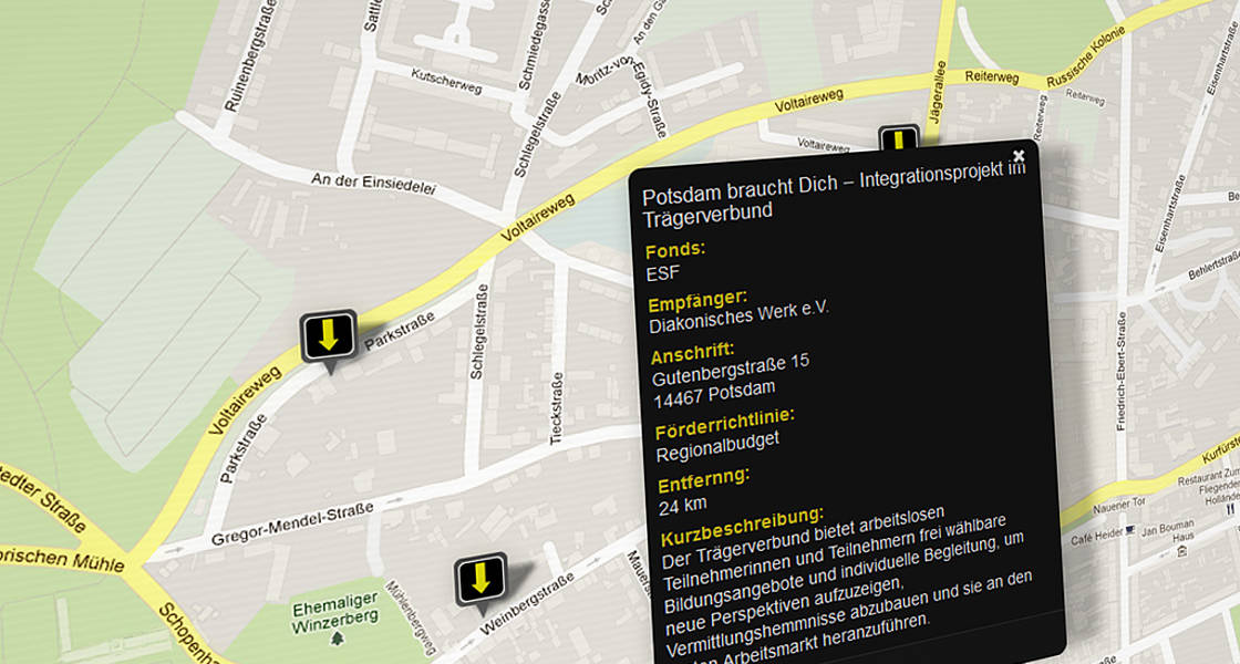 Screenshot einer Landkarte mit Projektlokalisierungen in Brandenburg über kleine Pfeile 