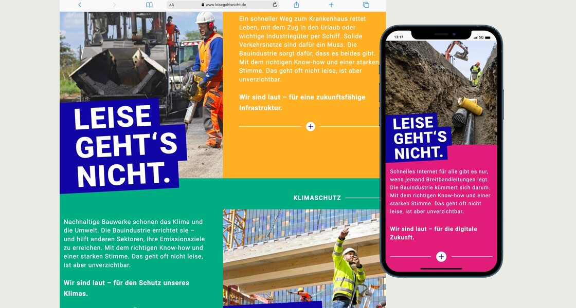 Ansicht der Kampagnenseite mit dem Claim „Leise geht’s nicht.“ als Webseite und auf einem Smartphone.