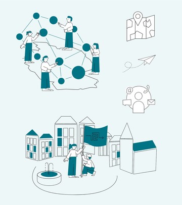 Ansicht verschiedener Illustrationen und Icons, darunter ein Papierflieger, ein Netzwerk aus Menschen, eine Figur mit verschiedenen Kontaktmöglichkeiten, Sprechblasen und einer Illustration der Netzwerkstelle.