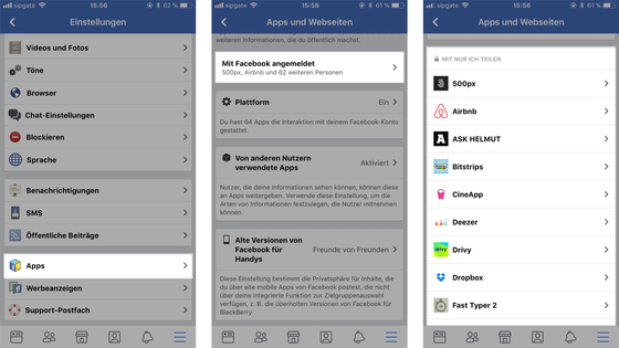Screenshot: Facebook-Apps einsehen