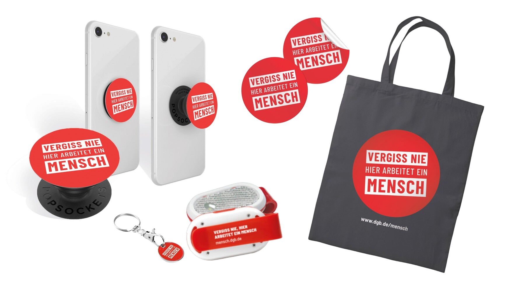 Verschiedene Give-Away-Artikel wie Sticker, ein Stoffbeutel, ein Einkaufswagenlöser, ein Reflektor und ein Popsocket fürs Smartphone im Kampagnen-Design.