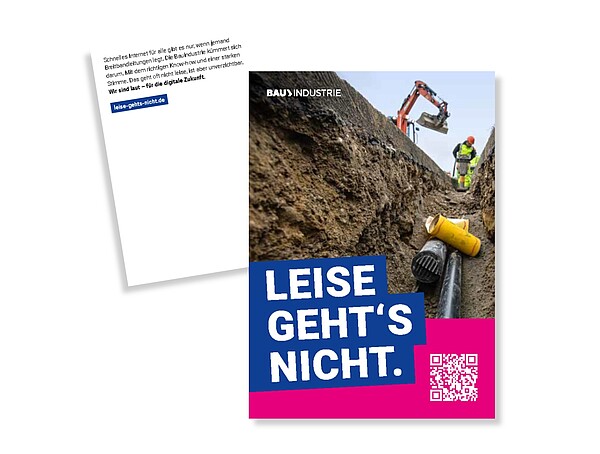 Postkarte mit Kampagnenclaim "Leise geht's nicht" und Foto einer Baustelle.
