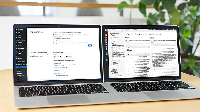 Two unfolded laptops showing language management Interfaces of WordPress vs. TYPO3