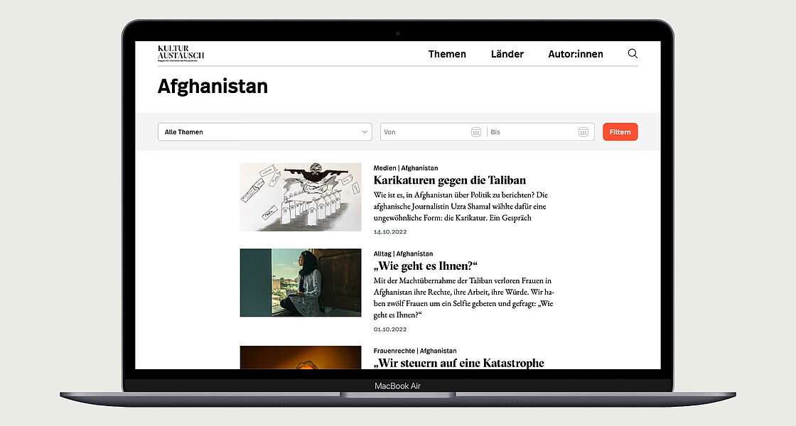 Ansicht der Länder-Seite zu Afghanistan mit Suchleiste und verschiedenen Artikeln.