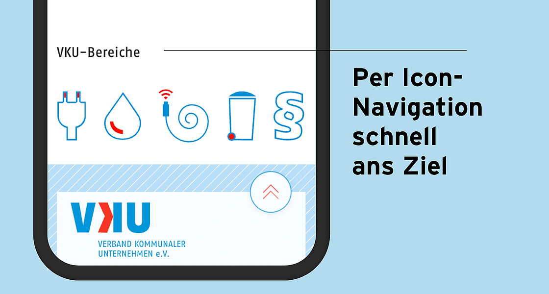 Ansicht der Icon-Navigation auf einem Smartphone, dazu die Beschreibung "Per Icon-Navigation schnell ans Ziel".