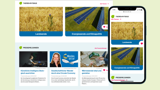 Ansicht der Startseiten-Unterpunkte "Themen im Fokus" und "Pressemeldungen" in der Desktop-Version sowie mobil.