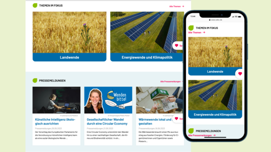 Ansicht der Startseiten-Unterpunkte "Themen im Fokus" und "Pressemeldungen" in der Desktop-Version sowie mobil.