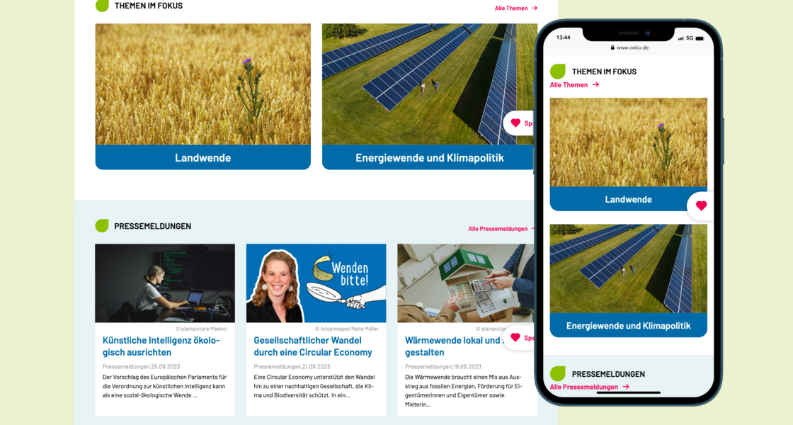 Ansicht der Startseiten-Unterpunkte "Themen im Fokus" und "Pressemeldungen" in der Desktop-Version sowie mobil.