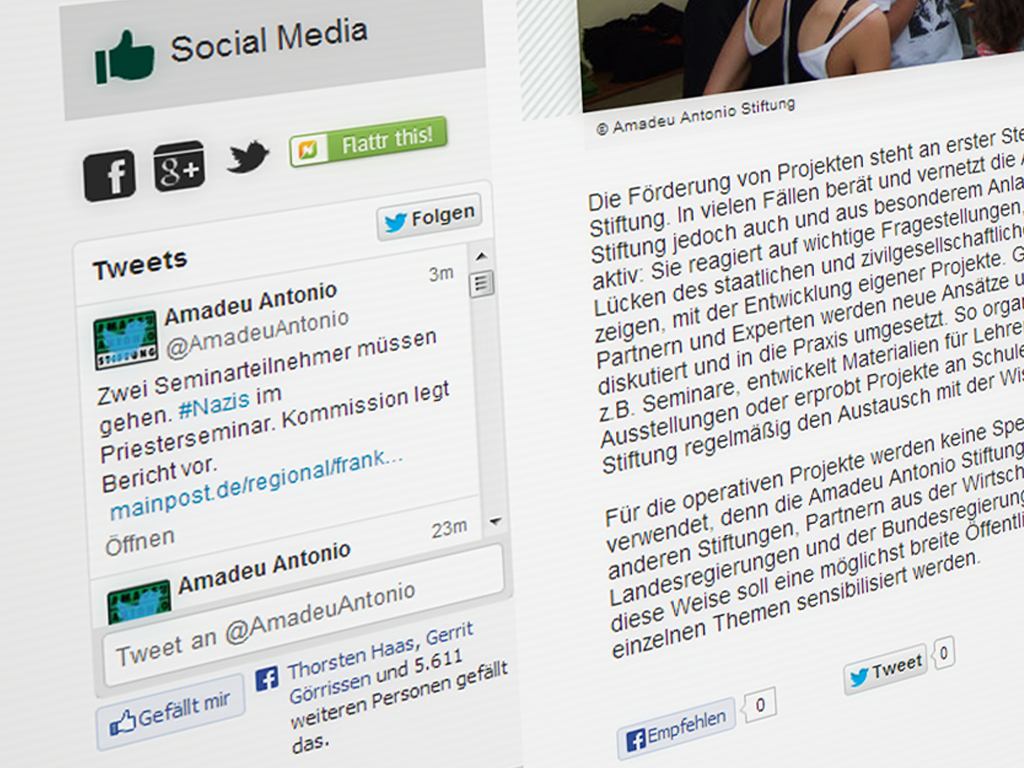 Social Media Einbindung Screenshot der Webseite, der die zahlreichen Social Media Angebote zeigt