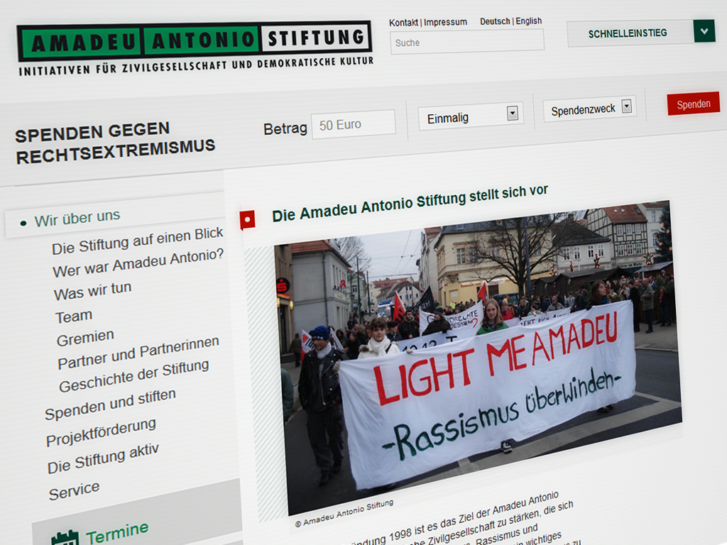 Spendenoptionen Screenshot der Webseite, die die Möglichkeit zum Spenden in den Mittelpunkt rückt