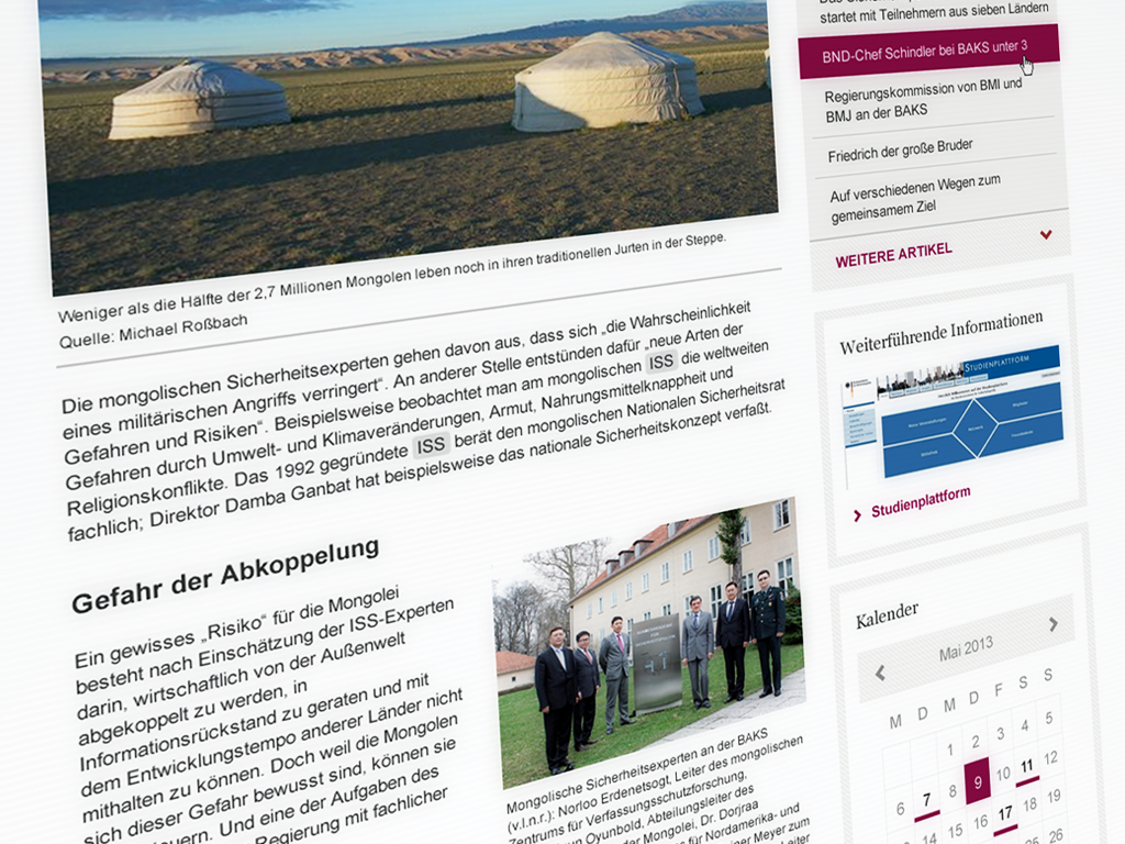 Artikelseite mit Kalender Bild des Kalenders auf der Webseite der Bundeakademie für Sicherheitspolitik.