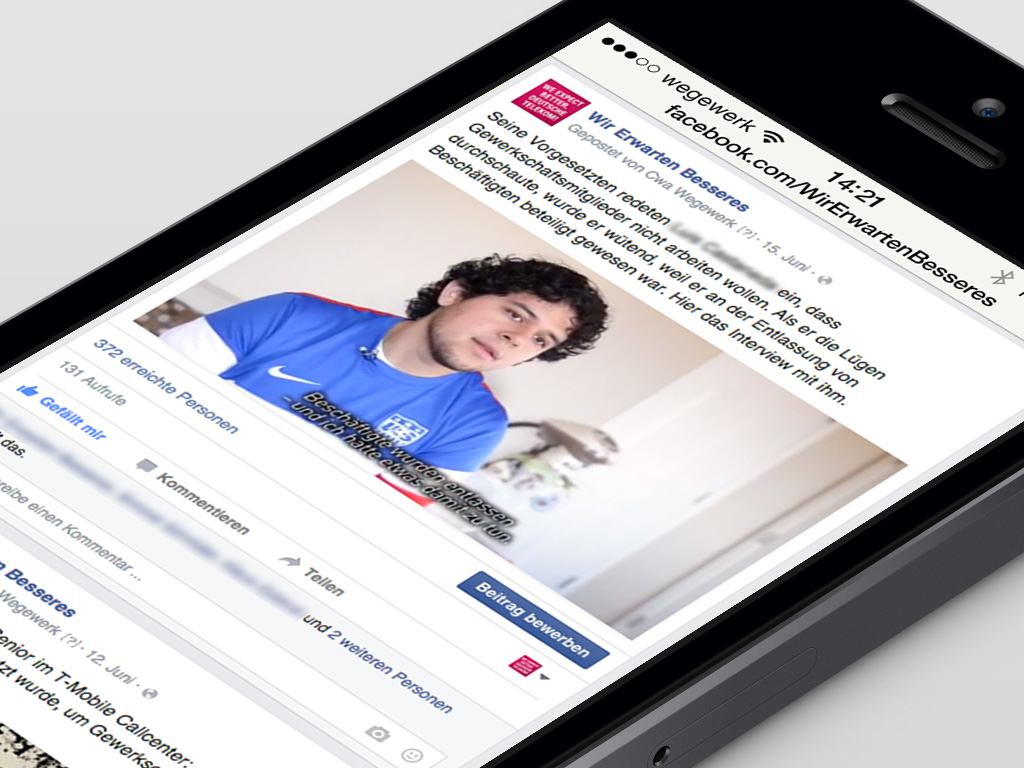 Mitarbeiter Testimonials Abbildung eines Facebook-Posts, in dem ein Mitarbeiter über seine Arbeitsbedingungen bei T-Mobile berichtet.