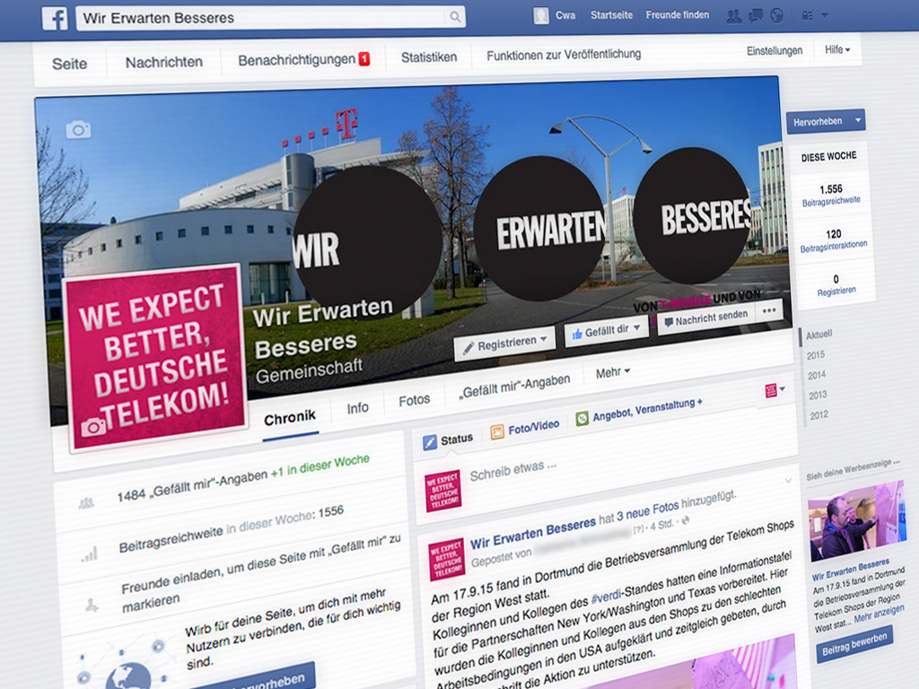 Die CWA-Facebook-Seite unter dem Kampagnen-Claim „Wir erwarten Besseres“ Screenshot der facebook-Kampagnenseite „Wir erwarten Besseres“