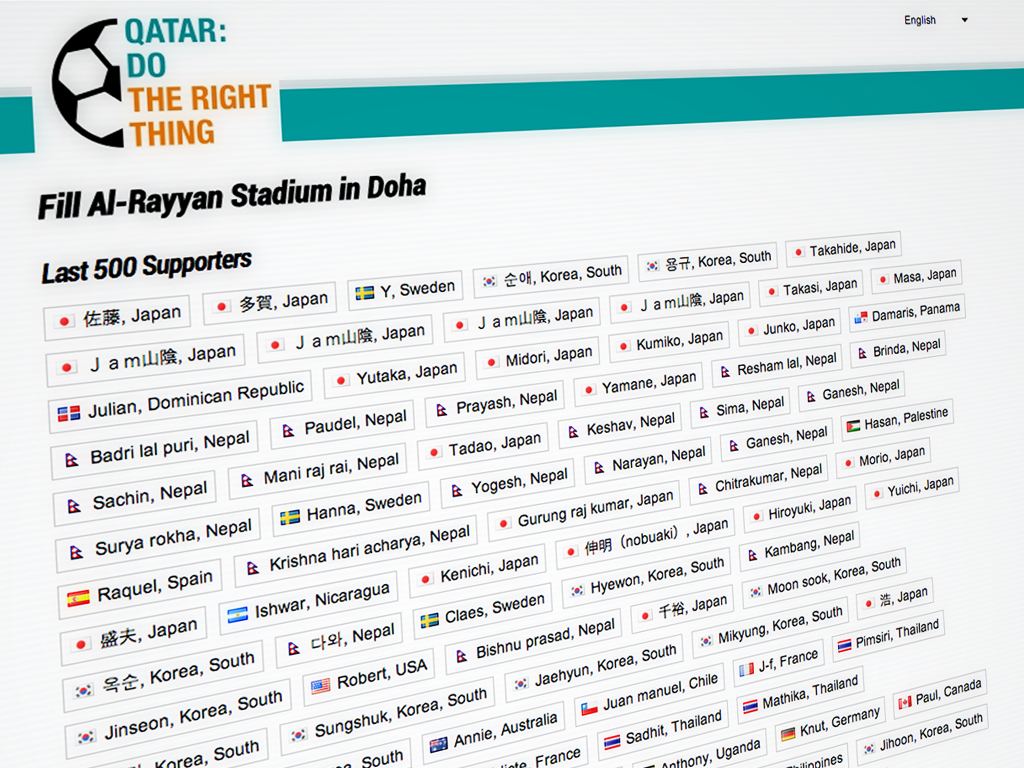 Unterstützerliste act.equaltimes.org Unterstützerliste auf act.equaltimes.org der Kampagne „Qatar: Do The Right Thing“