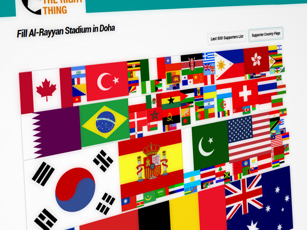 Visualisierung der Unterstützerliste act.equaltimes.org Visualisierung der Unterstützerliste auf act.equaltimes.org durch Abbildung der Landesflaggen der Kampagne „Qatar: Do The Right Thing“