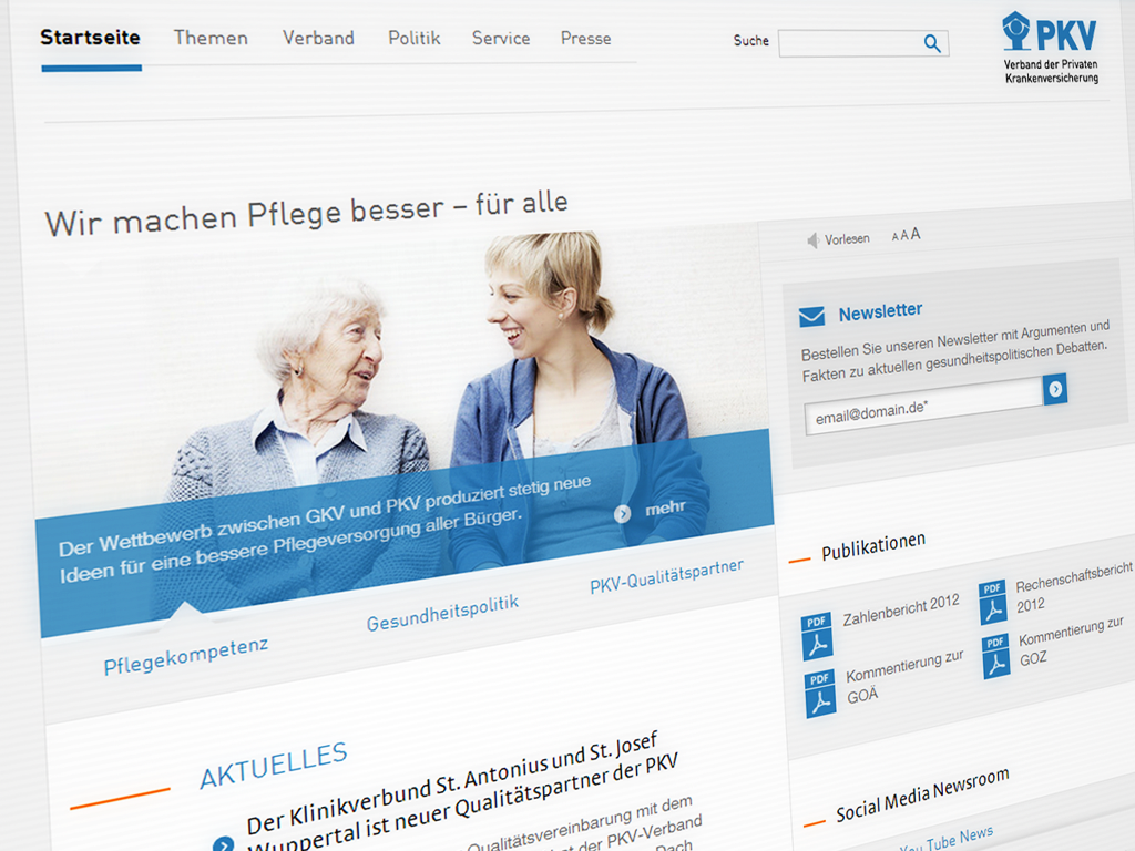 Zweispaltige Startseite mit Bühne, rubriziertem Aktuelles- Bereich und Top-Downloads Klar strukturierte Startseite mit Direkteinstiegen, Kanalisierung von Zielgruppeninteressen und Bühne mit Themenspecials