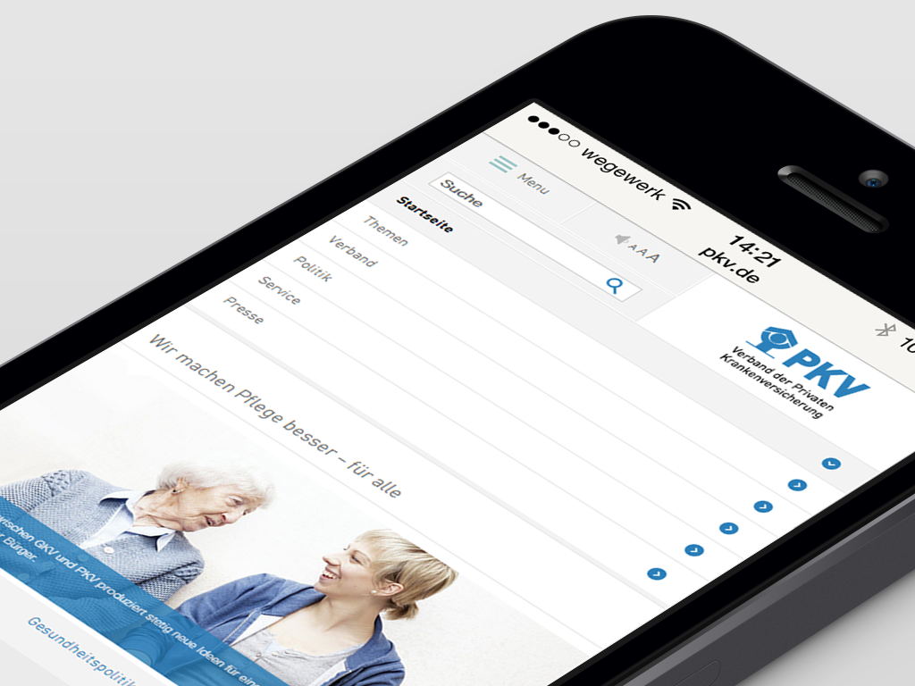PKV Smartphone Responsive Design einer Bereichsseite in der Smartphone- Ansicht, Smartphonetaugliche Ansicht