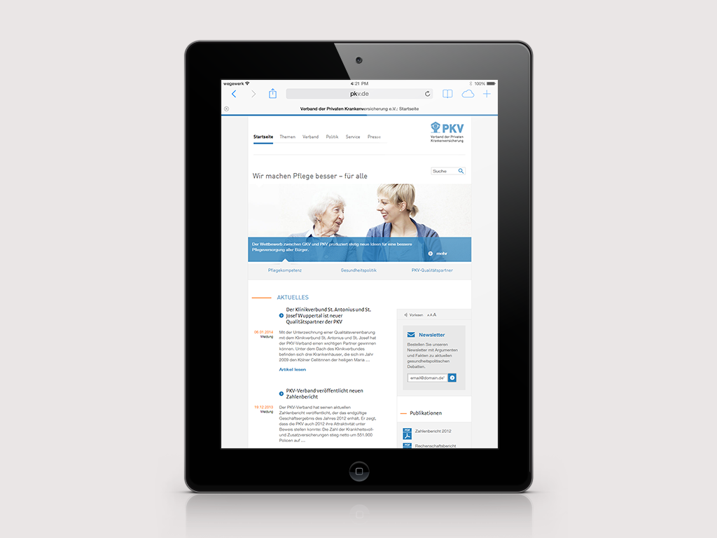 Hochformatige Tablet-PC Ansicht. Responsive Design mit Skalierung von Text und Bild Skalierbarer Content der Startseite in der Tablet- PC Ansicht, Hochformat