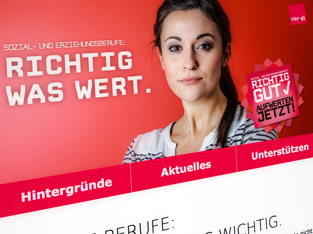 Startseite soziale-berufe-aufwerten.de Abbild einer Frau mit Kampagnenslogan daneben.